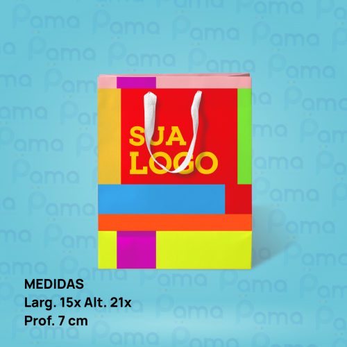 100 Sacolas Pequena - Tamanho: Larg. 15 x Alt. 21 x Lateral 7 cm - Colorida - Com Cordão e Laminação