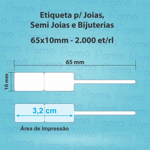 100 Rolos de Etiqueta para Joias 65x10 - 2.000 un por rolo - Papel Adesivo Bopp Branco