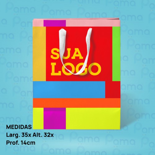 500 Sacolas Média - Tamanho: Larg. 35 x Alt. 32 x Lateral 14 cm - Colorida - Com Cordão e Plastificação