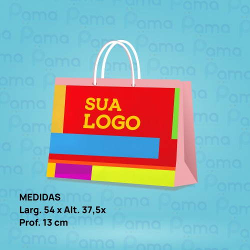 500 Sacolas Grande - Tamanho: Larg. 54 x Alt. 37,5 x Lateral 13 cm - Colorida - Com Fita Cetim e Plastificação